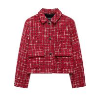 Abrigo de Moda de Otoño para Mujer Cuello Cerrado, Manga Larga, Textura a Cuadros Rojo, Abrigo Exterior Delgado con Bolsillos de Abrigo de Viento y Lluvia - details 2