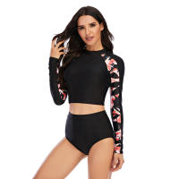 Conjunto de tankini corto de manga larga con estampado floral, cintura alta, corte alto y cuello alto, traje de surf y buceo con - details 7