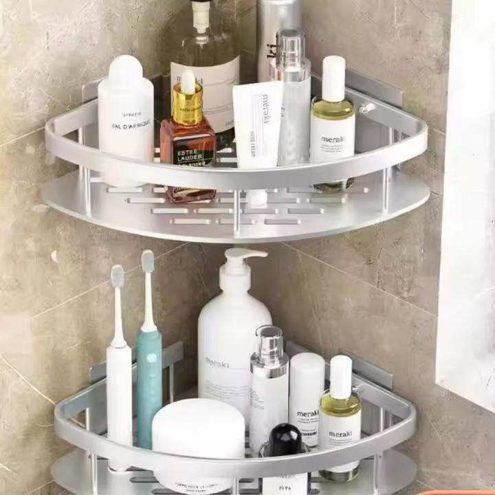 Estante de almacenamiento para baño Triangular, estante esquinero para ducha impermeable, sin perforaciones, estante de pasta, estante de vidrio para baño de aluminio espacial - 1
