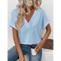 Tops Vintage de moda de Color sólido con cuello en V para mujer, ropa Popular coreana, camiseta holgada de manga corta de verano para mujer - details 5