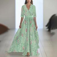 2025 Nueva ropa de mujer, vestido largo estampado con cuello con cuentas, azul - details 17