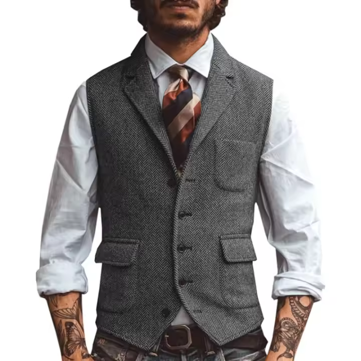 Chaleco de hombre, chaleco de negocios en espiga marrón, chaqueta informal ajustada para boda, novio, banquete, chaleco. - 1