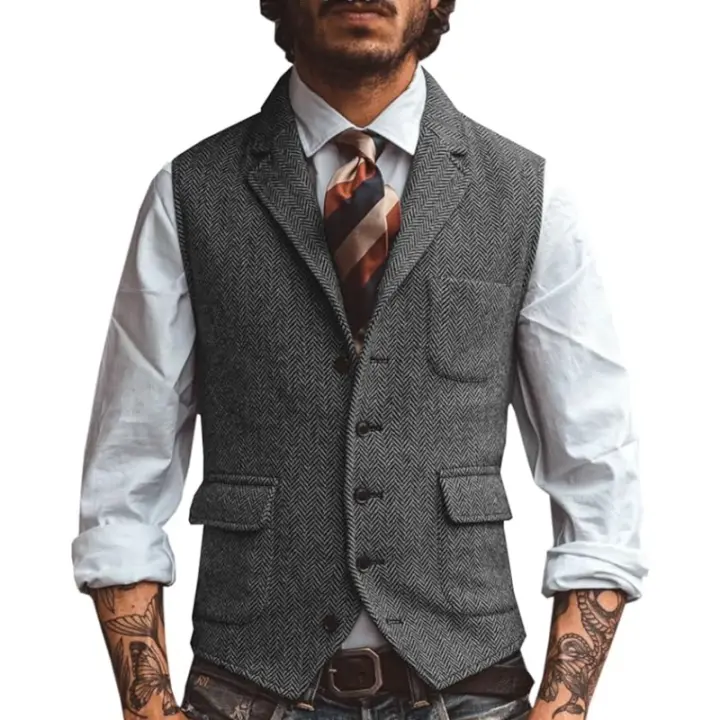 Chaleco de hombre, chaleco de negocios en espiga marrón, chaqueta informal ajustada para boda, novio, banquete, chaleco. - 1