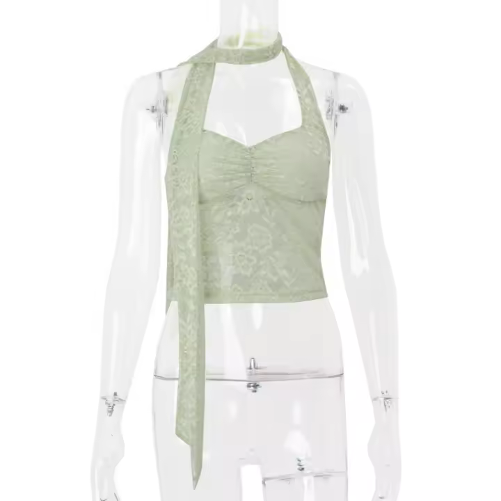 BUNO-Top corto transparente de encaje con cuello Halter para mujer, camisetas sin mangas con espalda descubierta para fiesta y calle, camisetas básicas de moda Y2K - 1