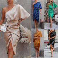 Elegante Vestido de Satén Sin Espalda Hasta el Hombro Desigualado, Vestido de Cóctel con Cremallera - details 1
