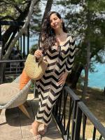 Vestidos de punto a rayas para mujer, vestido Maxi de playa con cordones de manga larga para mujer, batas ajustadas de punto con cuello cuadrado calado - details 11