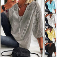 Blusa de Lino y Algodón para Mujer Cuello en V, Manga 3/4, Blusa Holgada Informal, Moda Diaria - details 3
