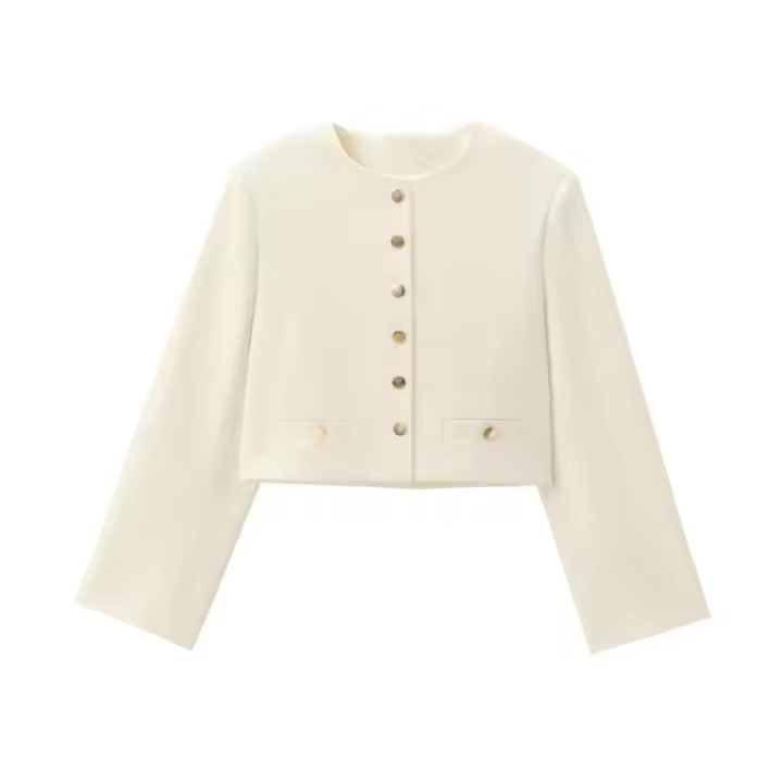 Chaqueta Cropped de Botón Dorado Manga Larga Cuello Largo Ropa Exterior para Mujeres Moda Chic - 1
