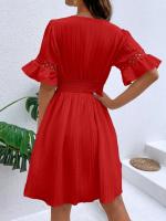 Vestido Blanco Puro de Verano Cintura de Encaje con Parche de Moda Cuello en V Manga Corta - details 15