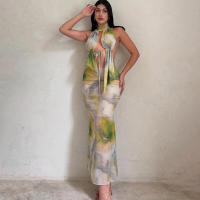 BUNO-Conjunto de 2 piezas con estampado sexy para mujer, impresionante camiseta hipster con cuello halter y escote elegante, faldas largas de cintura alta, traje de medianoche para mujer - details 8