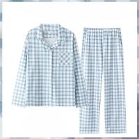 Pijamas de mujer, ropa de casa de ocio a la moda, ropa de dormir sencilla a cuadros de manga larga, ropa de dormir holgada de algodón de talla grande, conjunto de dos piezas - details 1