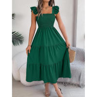 Elegante vestido largo de verano para mujer en color liso con escote cuadrado y aros decorativos, sin mangas, corte ajustado. - details 16