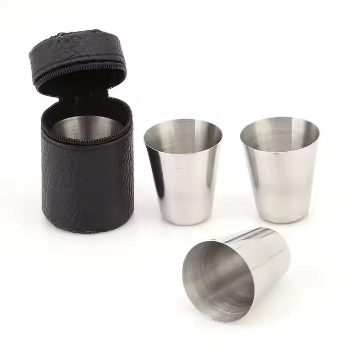 Tazas de café y vino de acero inoxidable reutilizables para exteriores, fundas para tazas VIE para acampar con fundas de cuero PU, 4 unidades/juego, 30ml - 1