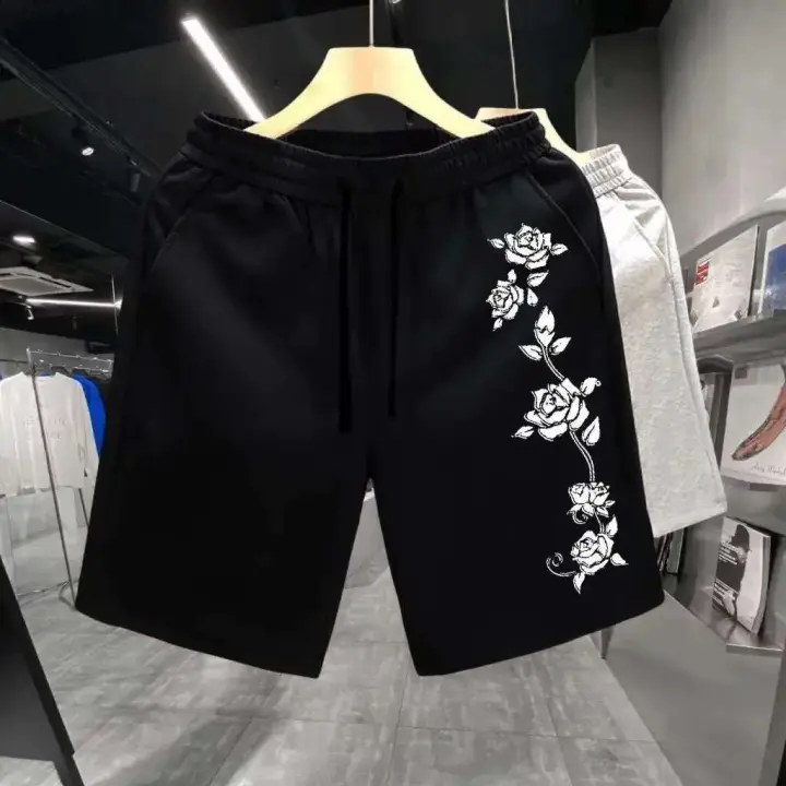 Pantalones cortos deportivos sueltos informales de verano con estampado de rosas de American Street de algodón para hombre para fiess y boxeo - 1