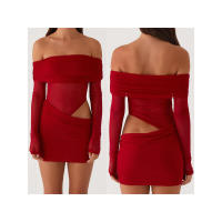Vestido de Malla Corto con Hombros Descubiertos para Mujer Color Sólido, Ajuste en Forma de U, Manga Larga, Espalda Descubierta, Ideal para Fiestas - details 1