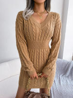 Knitted Sweater Dress For Women  Autumn Winter Long Sleeve Slim Waist Knitwear Clothes White Blue Khaki - details 3
