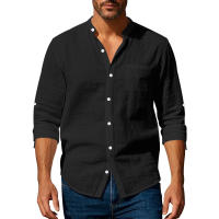 Camisa de lino de primavera y otoño, manga larga, cuello alto, transpirable, pegatina informal, camisa de bolsillo, hombres - details 23
