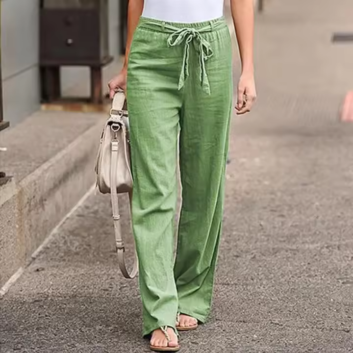 Pantalones Largos Sólidos Para Mujer Casual Algodón Lino Con Cordón Cintura Elástica Pierna Ancha Estilo Callejero Ropa De Mujer - 1