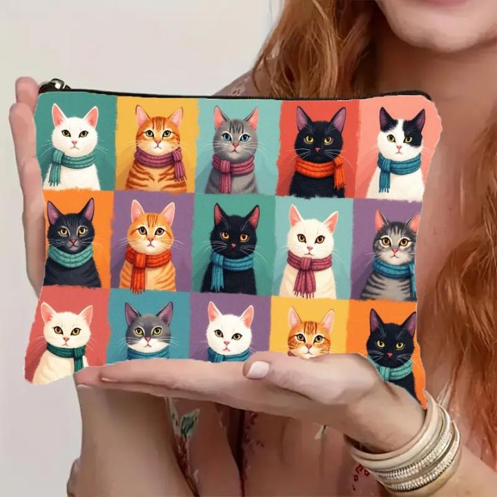 Bolsa de maquillaje plana 2D con estampado de gato y cierre de cremallera, organizador de cosméticos ligero, resistente a la decoloración y plegable, ideal para mujeres, neceser portátil, regalo para familiares y amigos, bolsa de cosméticos de viaje |   B