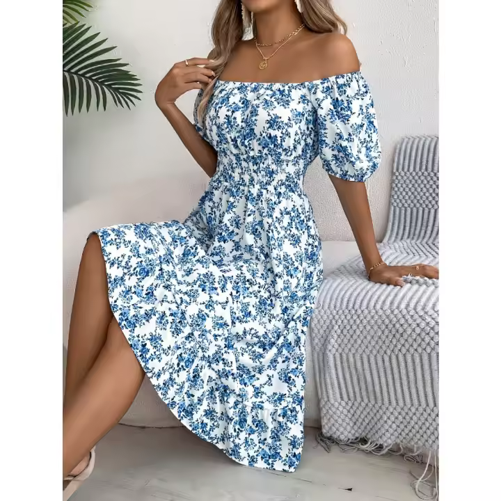 Vestido de Verano 2025 para Mujer Cuello Cuadrado, Mangas de Burbuja Cortas, Diseño Floral Fresco, Elegante y Casual para Fiesta - 1