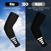 1 par de mangas de protección solar UV para verano, reflectantes, de poliéster, materiales no textiles, con ciclismo nocturno, correr, calentadores de brazos, cubrebrazos deportivos para hombres y mujeres. - details 1