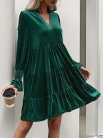 Otoño e Invierno suelto Color sólido con cuello en V vestidos de manga larga para mujer nuevo en elegante Retro Casual Midi vestido femenino - details 3