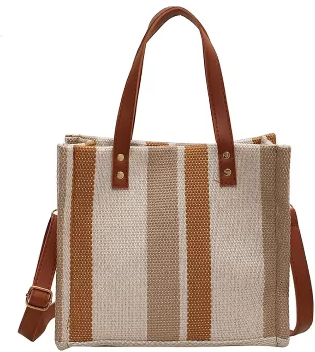 Bolso de mano tipo hobo de paja a rayas de moda para mujer, bolso de hombro grande de lona para niñas - 1