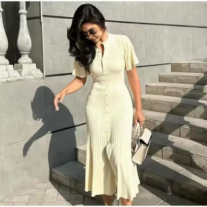BUNO-Vestido midi de punto elegante con una hilera de botones, vestidos de retazos, bata de verano para mujer, batas negras y beige para la noche - 1