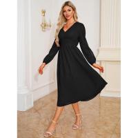 Vestido de manga larga con cuello en V para mujer, vestido elegante de corte A, color sólido, estético, nuevo en oferta - details 10