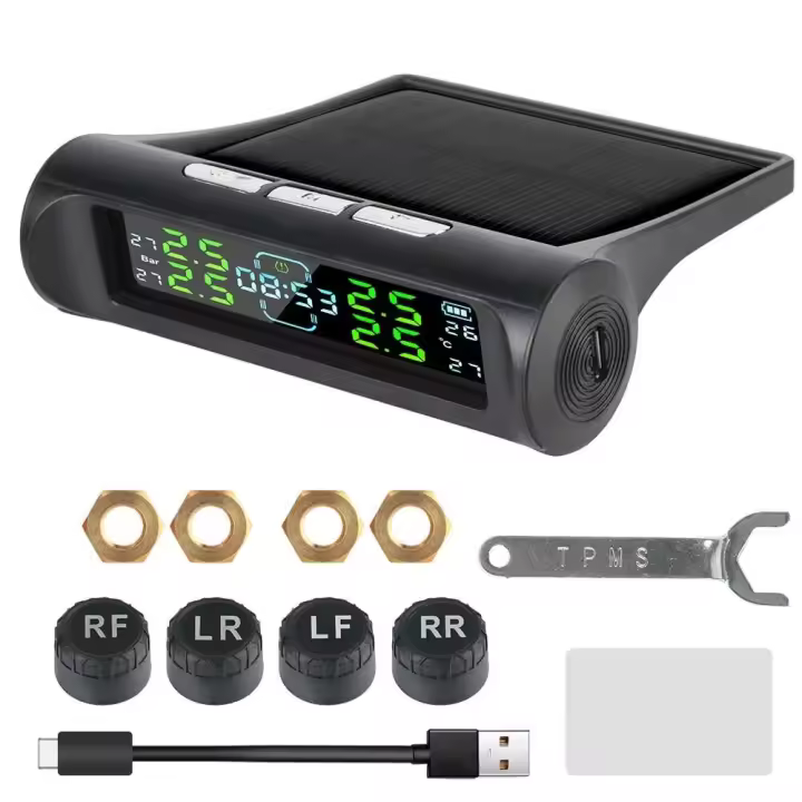 Sistemas de alarma de seguridad para automóviles con pantalla LCD, reloj Digital, sistema de supervisión de presión de neumáticos de coche, USB/Solar TPMS - 1