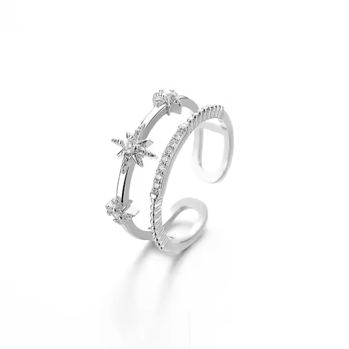 Anillos de doble estrella para mujer y niña, cadena de borlas de circón, anillo ajustable, accesorios de moda, regalo de joyería de Color dorado y plateado - 1