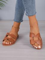 Zapatillas de mujer de cuero marrón con cabeza redonda y tacones expuestos, zapatos planos informales para parejas, sandalias cómodas para mujer - details 2