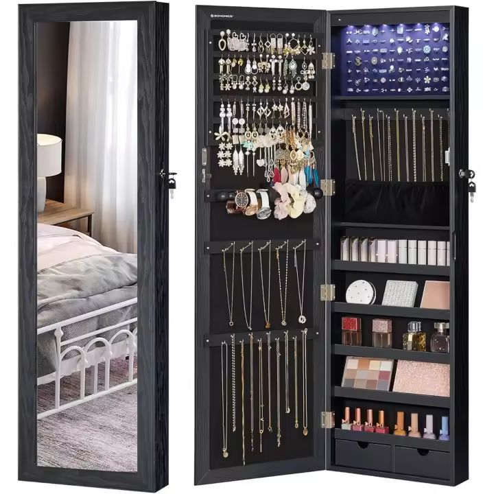 Armario para Joyas, Espejo Joyero de Pared, con Luces LED y Cierre, Organizador de Almacenamiento para Pendiente Collar, con Espejo y Varios Compartimentos, Blanco JBC93W - 1