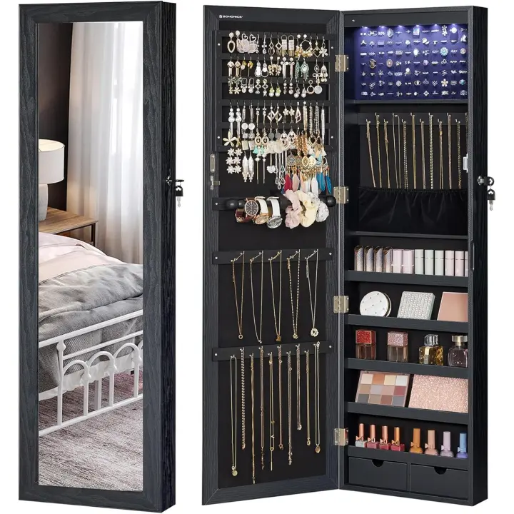 Armario para Joyas, Espejo Joyero de Pared, con Luces LED y Cierre, Organizador de Almacenamiento para Pendiente Collar, con Espejo y Varios Compartimentos, Blanco JBC93W - 1