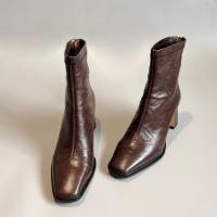 Piel de oveja completa rayada a mano nueva cabeza cuadrada tacones altos franceses delgados - details 8
