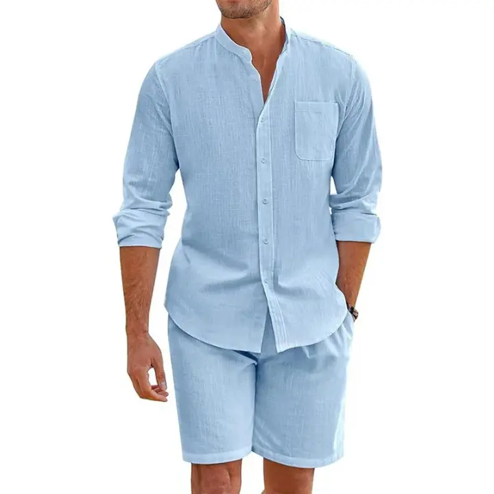 Conjunto Casual de Lino y Algodón Transpirable para Hombre Camisas y Pantalones Cortos con Botones y Cuello Levantado Estilo Vintage para Uso Diario en Verano - 1