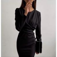 Vestido Largo Elegante Para Mujer Con Cintura Ajustada Y Hips Slim Estilo Retro Francés Para Otoño Vestido De Oficina Con Cuello Redondo Y Mangas Largas - details 2
