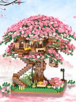 Bloques de construcción para niños, casa del árbol, juguete de ladrillos, tren, flor de cerezo, color rosa, modelo - details 4