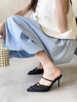 Nuevo temperamento puntiagudo rosa bolsa cabeza media zapatillas mujer malla encaje stiletto tacones altos - details 14