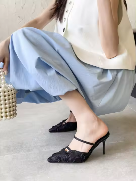 Nuevo temperamento puntiagudo rosa bolsa cabeza media zapatillas mujer malla encaje stiletto tacones altos - 1