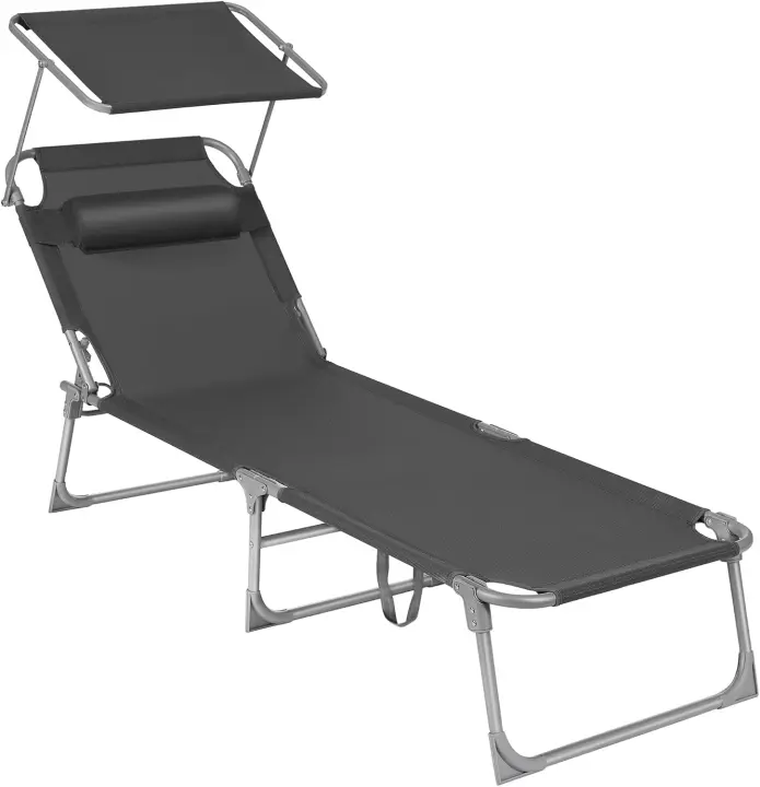 Silla de Sentado al Aire Libre Ajustable Plegable, 193 x 53 x 29 cm, Capacidad de 150 kg, con Parasol, reposacabezas, Respaldo - 1
