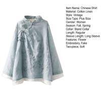 Algodón en mujer blusa estilo bordado wer patrón nudo botón cuello alto A e camisa china - details 13