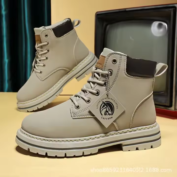 Botas de hombre con cordones, novedad de invierno 2023, botas altas de ocio que combinan con todo, botas informales antideslizantes de tendencia, botas planas de goma para hombre - 1