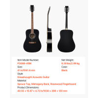 SucceBuy Guitarra acústica Dreadnought de 104,14 cm, guitarra de 6 cuerdas con tapa de abeto negro, set para principiantes con bolsa de transporte, afinador, correa, cuerdas adicionales, púas, cejilla, diapasón de palisandro, diseñada para adultos altos - details 5