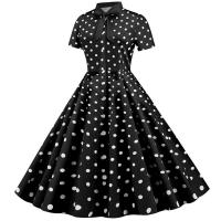 Polka dot print women summer short sleeve striped bow elegant vintage 50s party dress - details 3