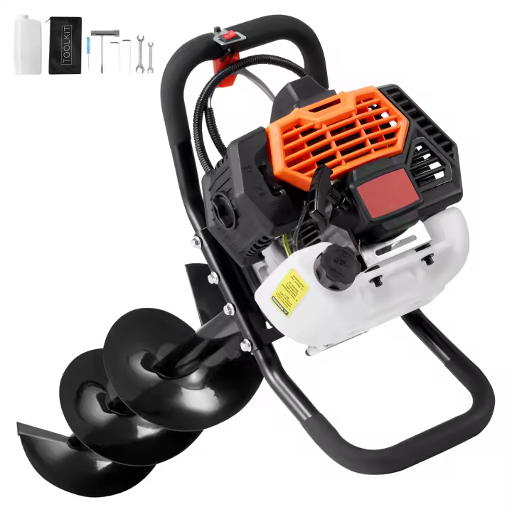 SucceBuy Post Hole Digger Gas Powered, 43CC 1250W, brocas de 8", naranja + negro, asistente de jardinería eficiente - 1