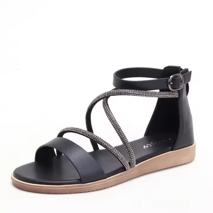 Sandalias de una palabra para mujer verano 2025 nuevos zapatos romanos de gran tamaño con punta abierta y diamantes de imitación versión coreana - 1