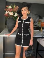 Vestido corto de punto sin mangas para mujer, minivestido elegante de retales, de cintura alta, con bolsillo en contraste - details 9