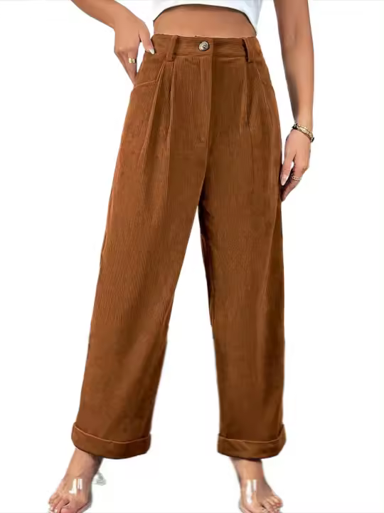 Pantalones de pana de cintura alta para mujer, pantalones sueltos de moda, pantalones lisos de pierna recta para - 1
