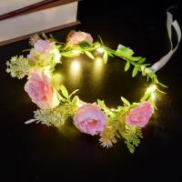 Diadema con corona de flores de rosas de imitación, diadema con corona luminosa brillante, Tiara de tela, guirnalda de luz LED, accesorios para fotos - details 5